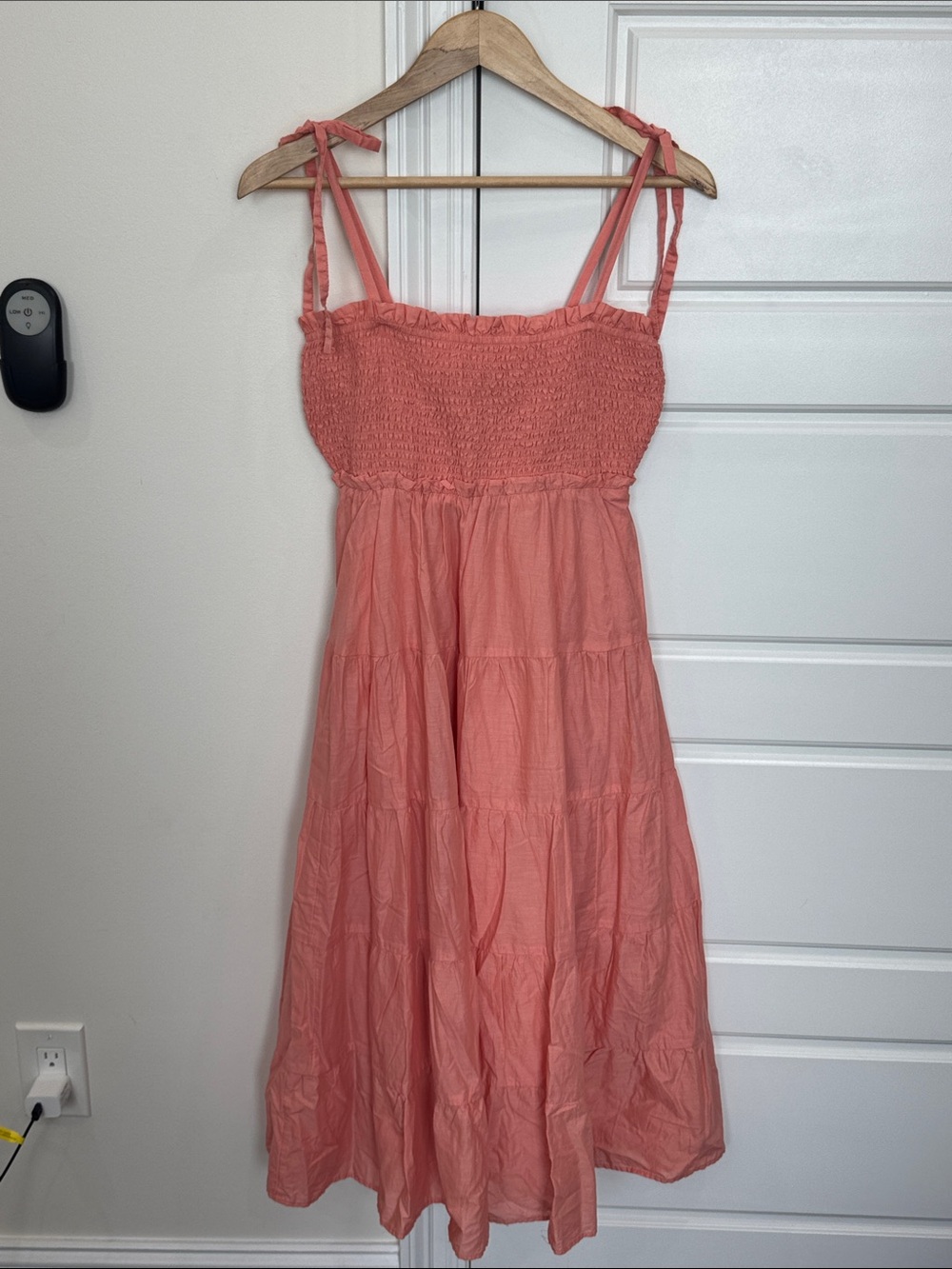 NEW Coral Ruched Tiered Cotton Maxi Dress Tie Straps, Fully Lined, Petite Small